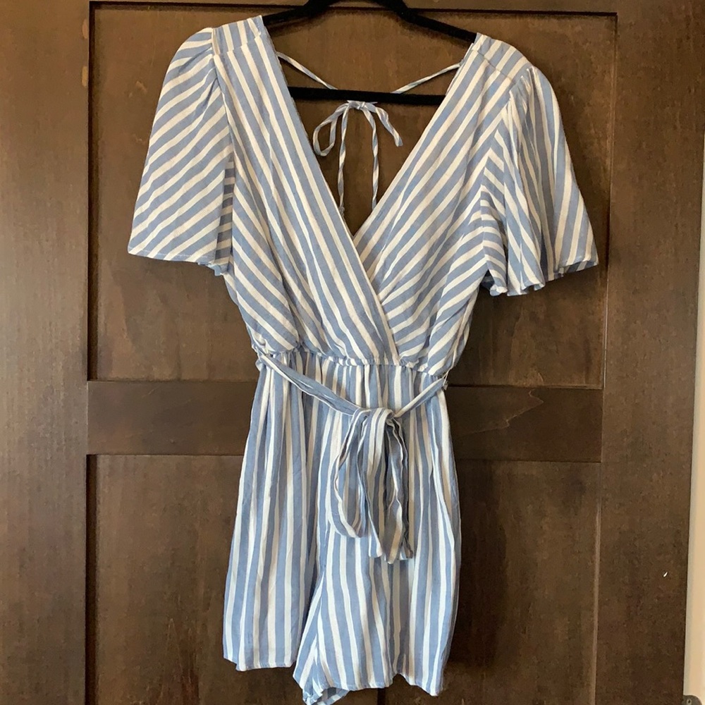 Blue and White Striped Romper
